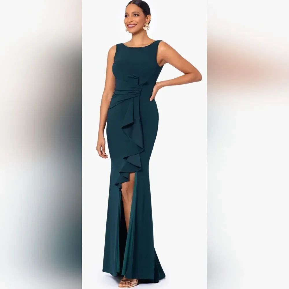 Betsy & Adam CHRISTINE SCUBA CREPE RUFFLED BOW GOWN NWT size 4 Green